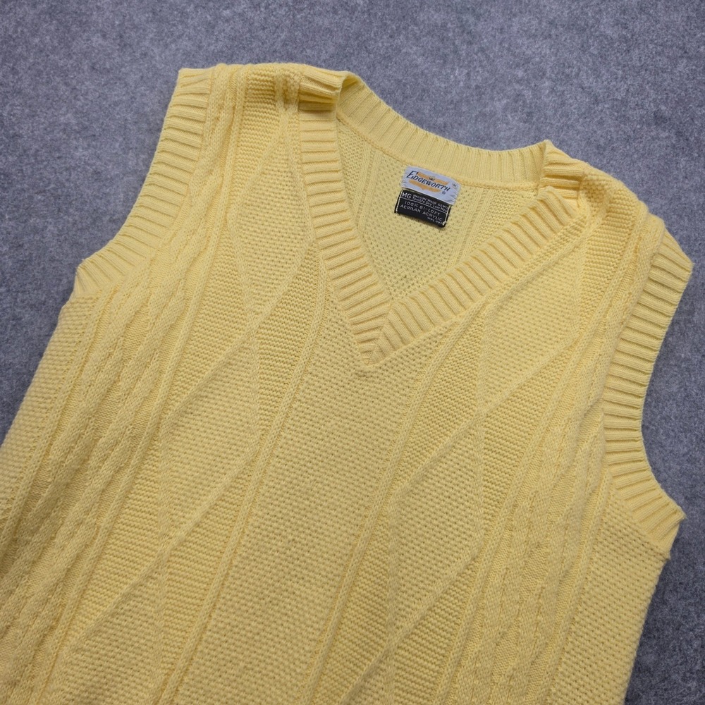 Vintage Edgeworth Mens Yellow Cable Knit V-Neck Sweater Vest Size Medium